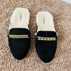 Torrid Black Faux Fur Lined Mules with Gold Chain